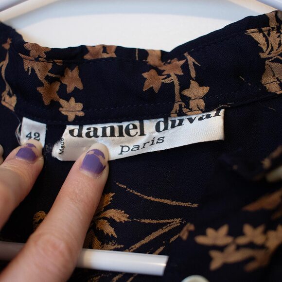Botanical VTG 42 Daniel Duval Blouse Black Tan Floral Collar Career Soft Autumn - Picture 5 of 5